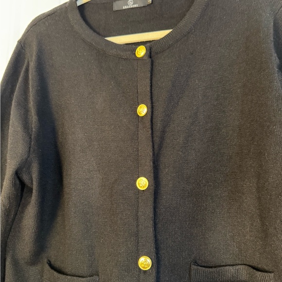 Black Crewneck Button Cardigan Sweater with Gold Buttons - Picture 3 of 6